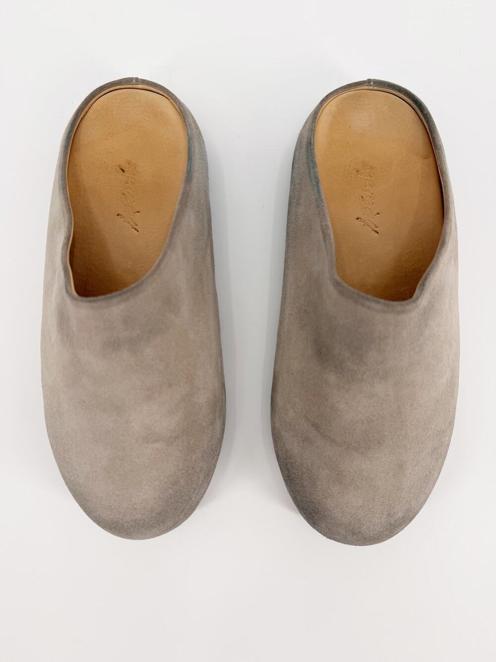 Marsell Suede Round Toe Mules Taupe Gray Cream Sabot Flats Size 36 EU 6